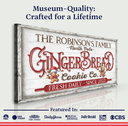 Canvas sign Classic Bakery Sign with distressed white frame, vintage red lettering and gingerbread figures on Tampa Home & Garden Store
