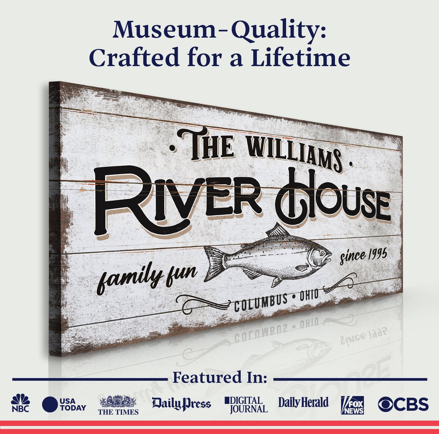 Personalized River House Sign canvas with rustic wood look and fish motif Tailored Canvases on Tampa Home & Garden Store