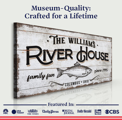 Personalized River House Sign canvas with rustic wood look and fish motif Tailored Canvases on Tampa Home & Garden Store