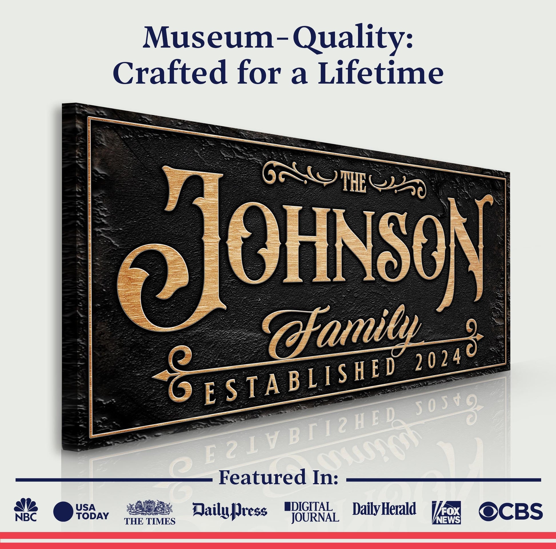 Personalized Family Sign X Canvas by Tailored Canvases with gold lettering on black canvas on Tampa Home & Garden Store