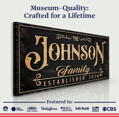 Personalized Family Sign X Canvas by Tailored Canvases with gold lettering on black canvas on Tampa Home & Garden Store
