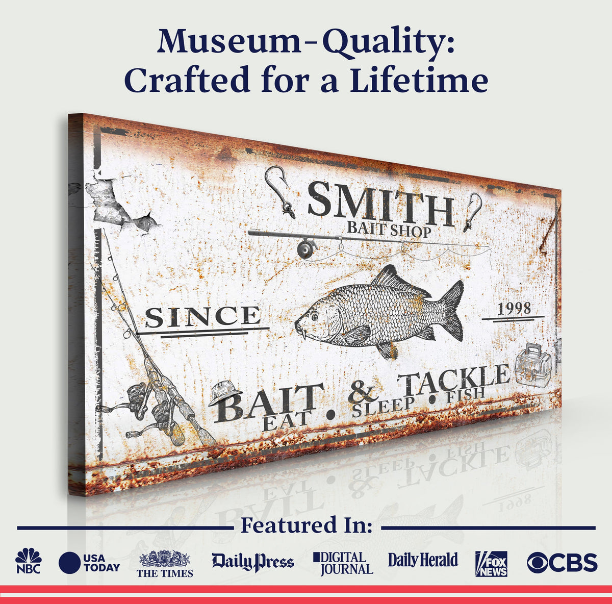 Bait and Tackle Sign III canvas with rustic border and vintage fish illustration on Tampa Home & Garden Store