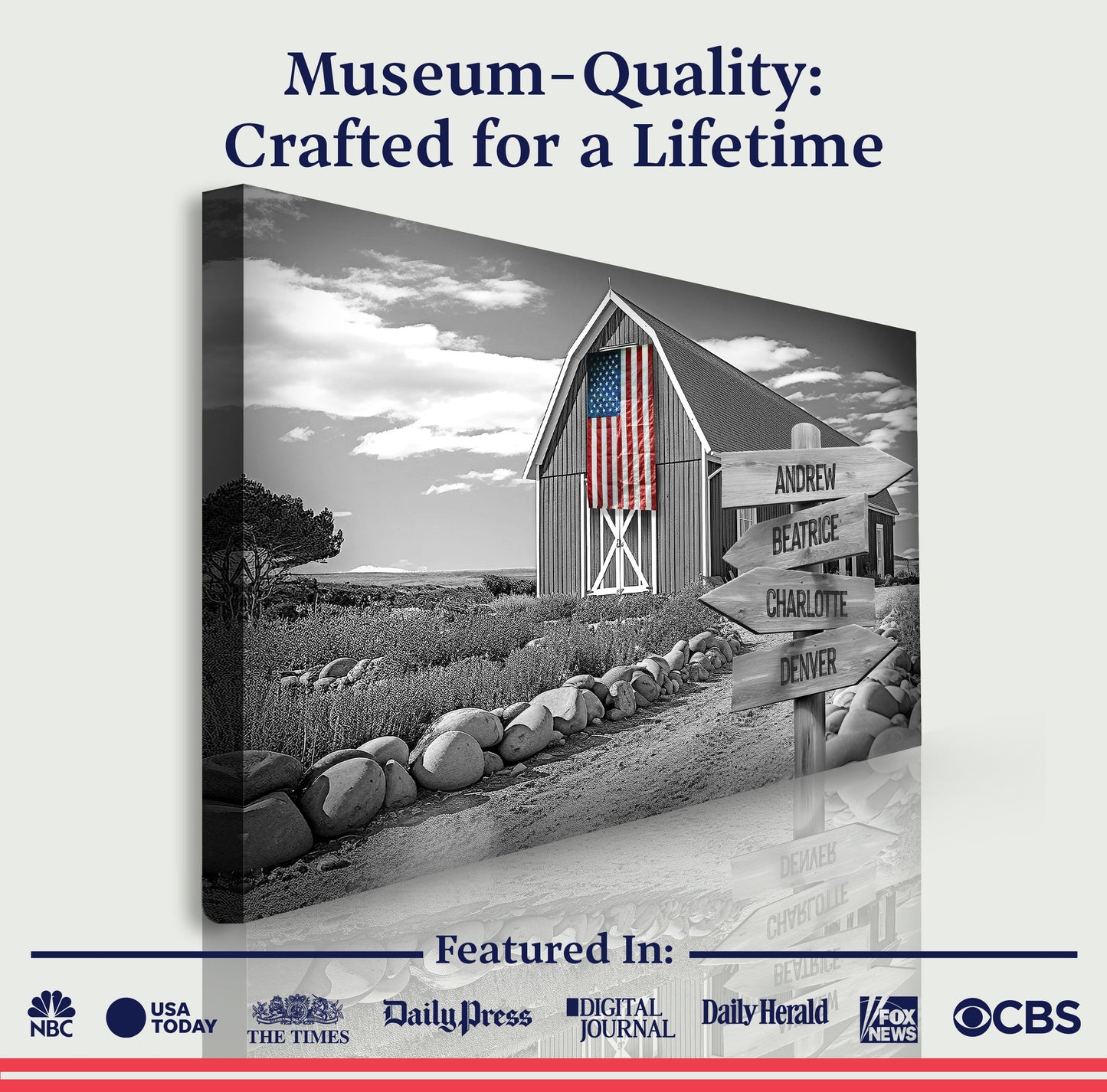 Family Names American Barn Sign canvas by Tailored Canvases, rustic barn with American flag on Tampa Home & Garden Store