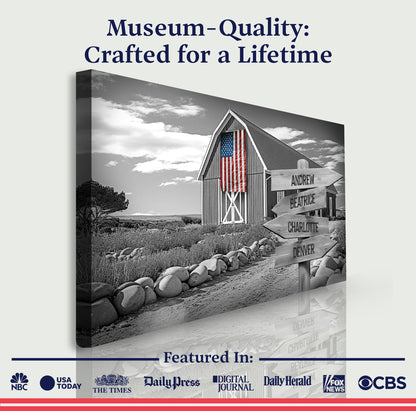 Family Names American Barn Sign canvas by Tailored Canvases, rustic barn with American flag on Tampa Home & Garden Store