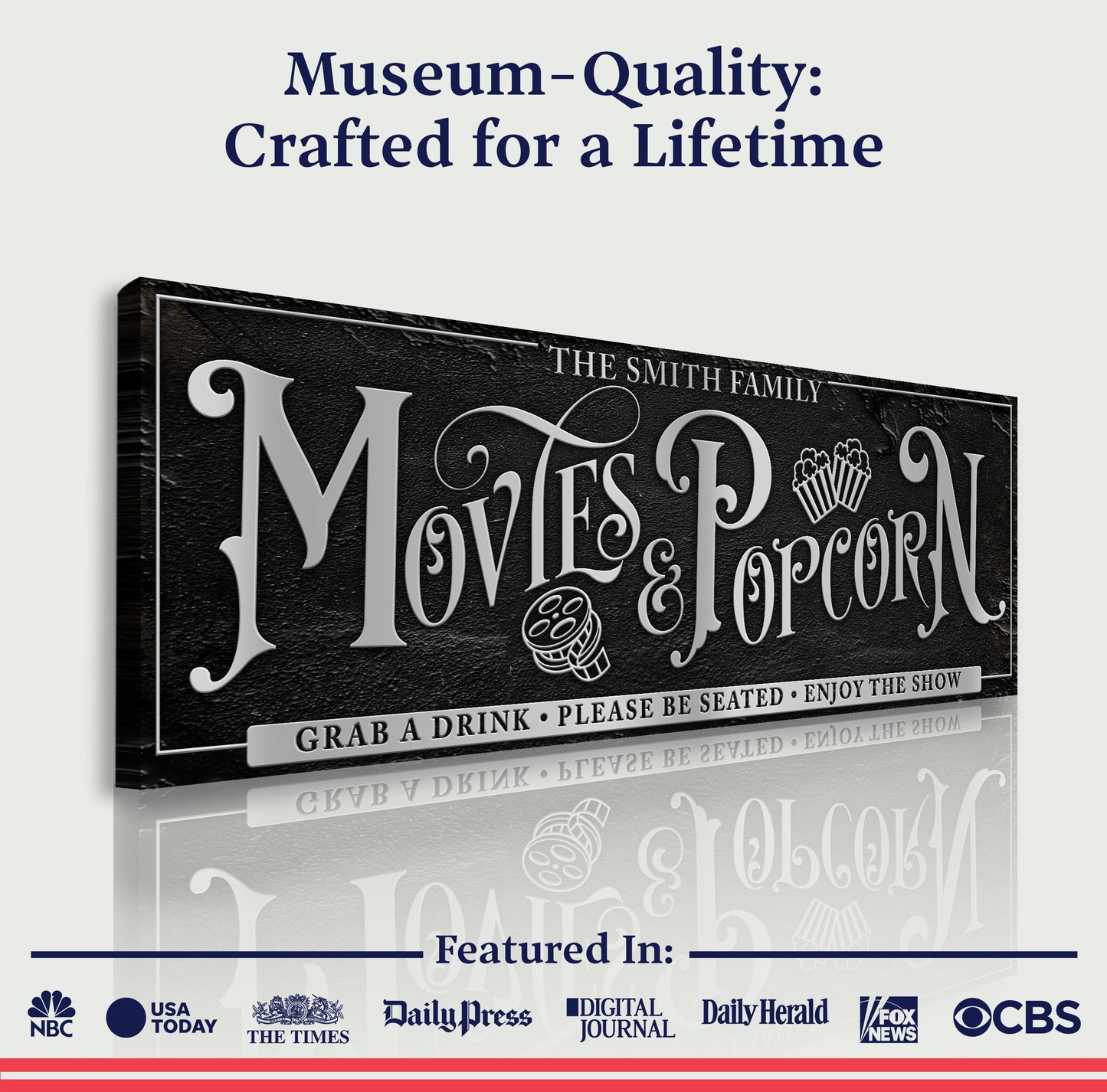 Personalized Movies & Popcorn Sign canvas with black background & silver lettering Tailored Canvases on Tampa Home & Garden Store