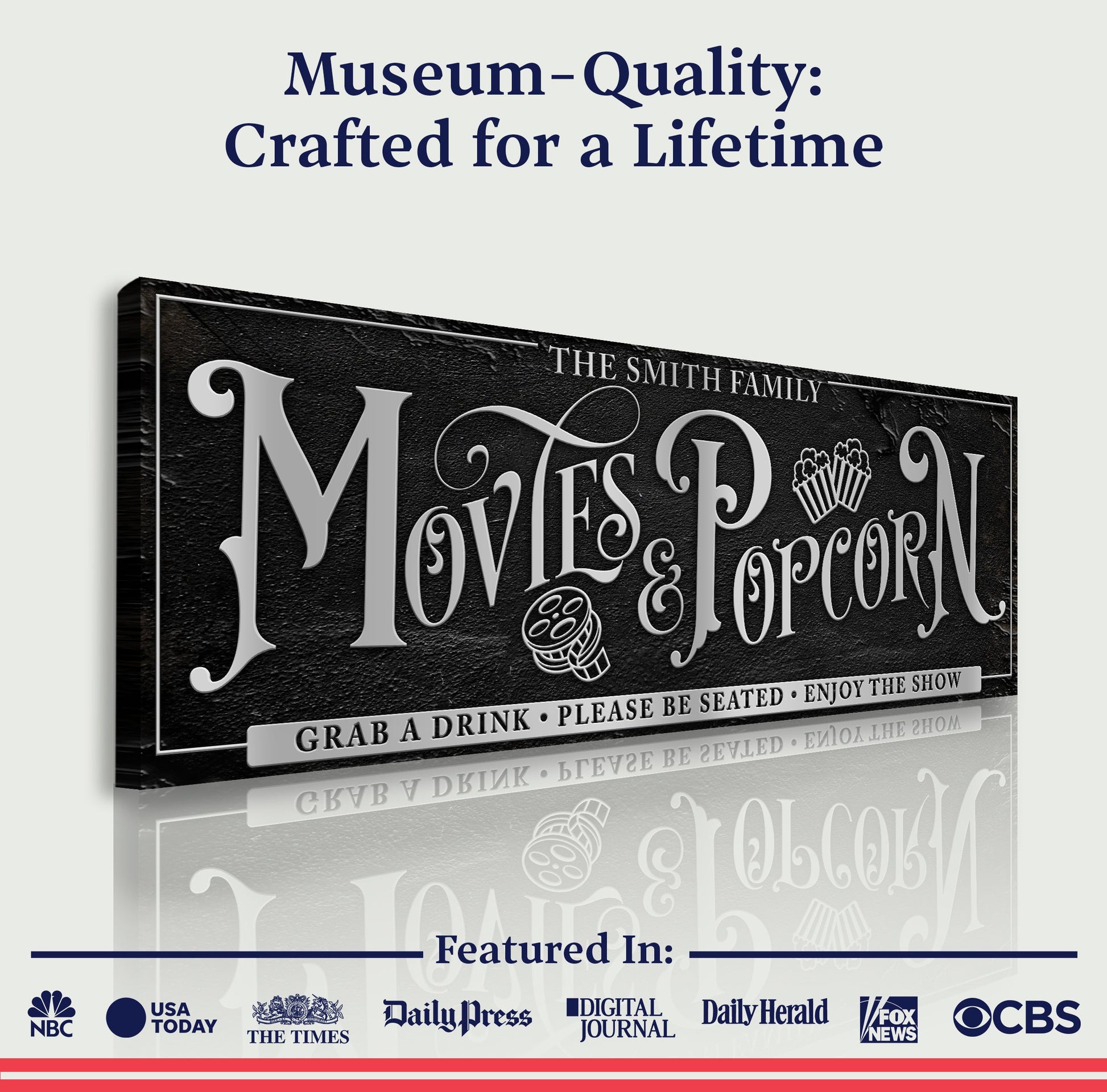 Personalized Movies & Popcorn Sign canvas with black background & silver lettering Tailored Canvases on Tampa Home & Garden Store