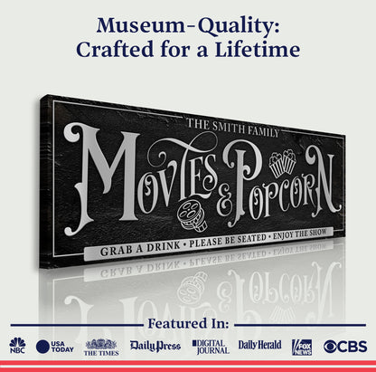 Personalized Movies & Popcorn Sign canvas with black background & silver lettering Tailored Canvases on Tampa Home & Garden Store