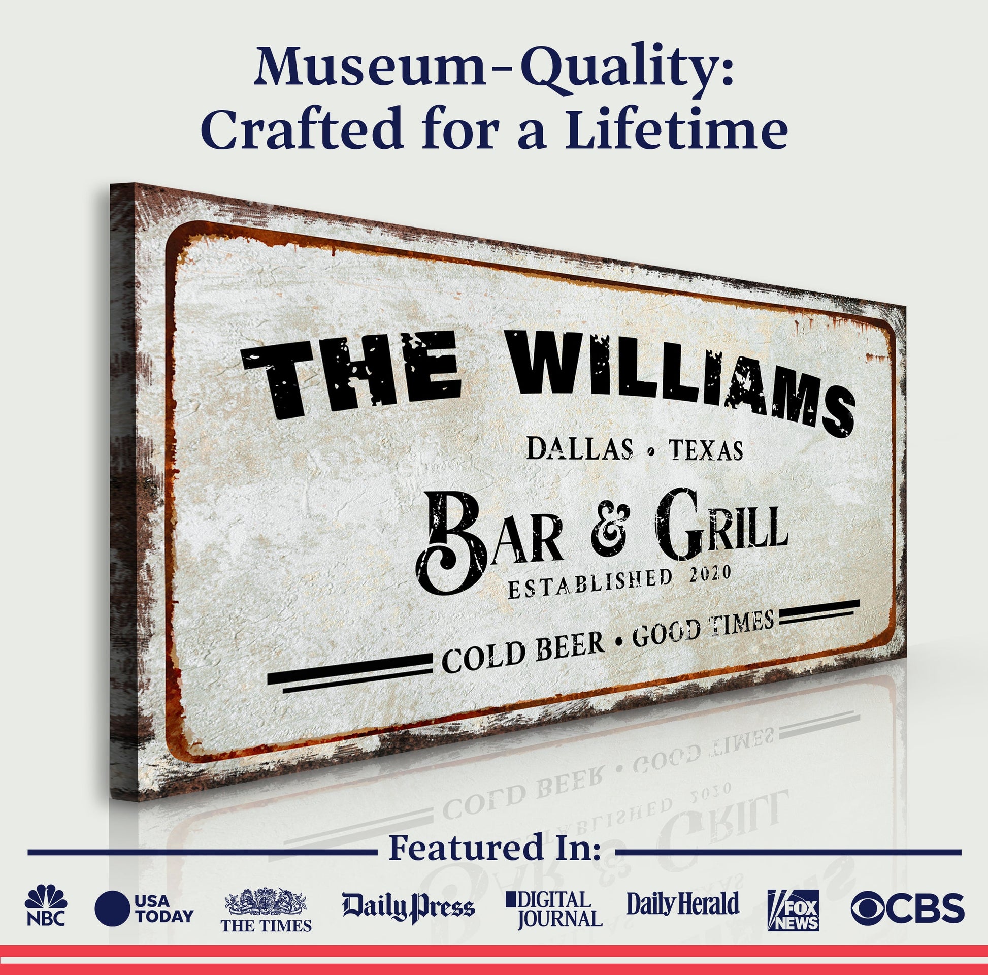 Bar & Grill Sign VII canvas; Tailored Canvases vintage plaque reads THE WILLIAMS BAR & GRILL on Tampa Home & Garden Store