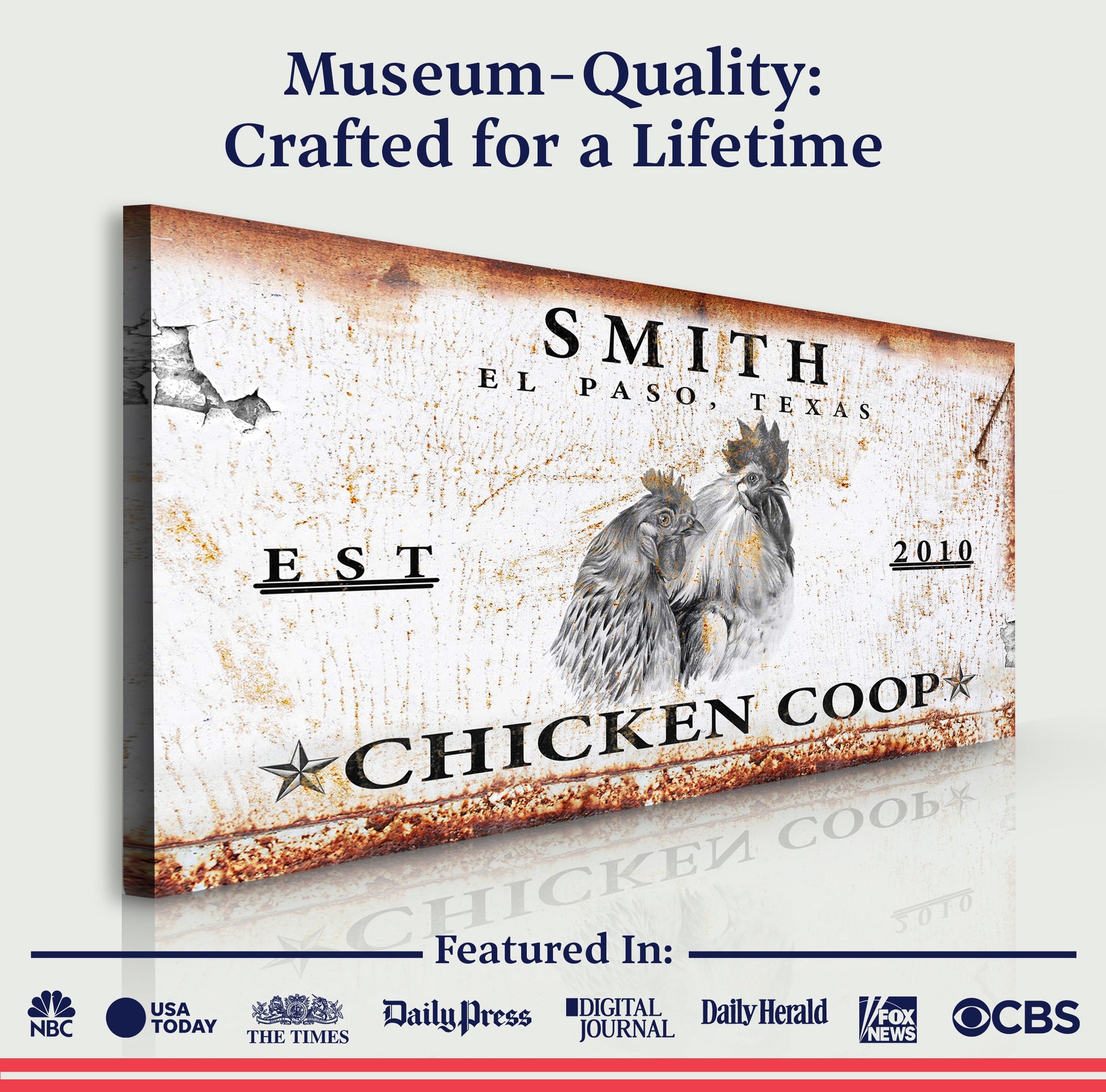 Chicken Coop Sign V canvas by Tailored Canvases, rustic weathered sign with chicken imagery on Tampa Home & Garden Store