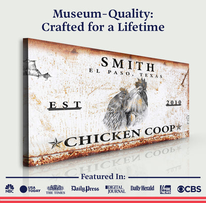 Chicken Coop Sign V canvas by Tailored Canvases, rustic weathered sign with chicken imagery on Tampa Home & Garden Store