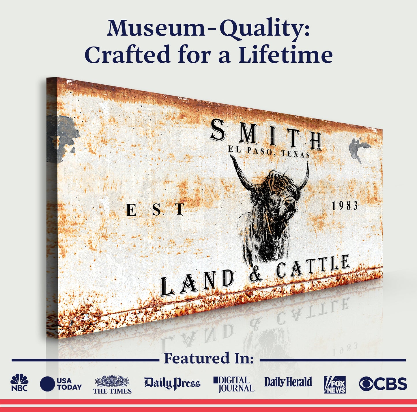 Land And Cattle rustic sign canvas with weathered rust and longhorn illustration on Tampa Home & Garden Store