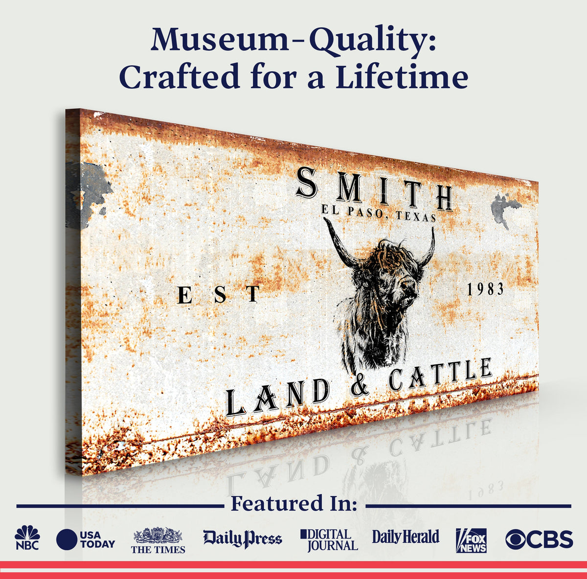 Land And Cattle rustic sign canvas with weathered rust and longhorn illustration on Tampa Home & Garden Store