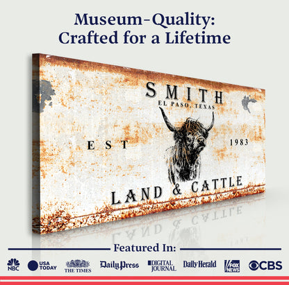 Land And Cattle rustic sign canvas with weathered rust and longhorn illustration on Tampa Home & Garden Store