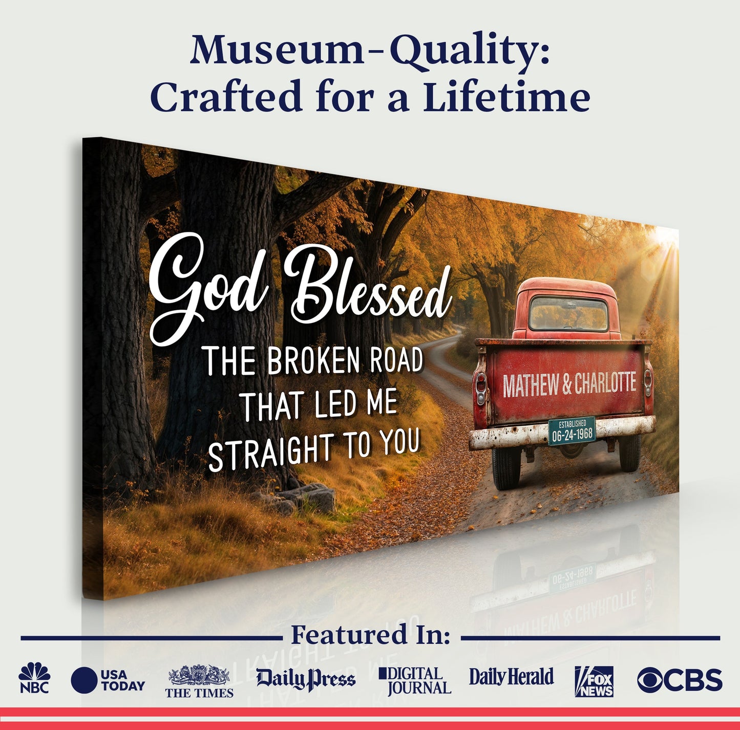 Custom Vintage Truck Couple Sign II canvas with red truck on autumn road and white script text on Tampa Home & Garden Store