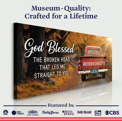 Custom Vintage Truck Couple Sign II canvas with red truck on autumn road and white script text on Tampa Home & Garden Store