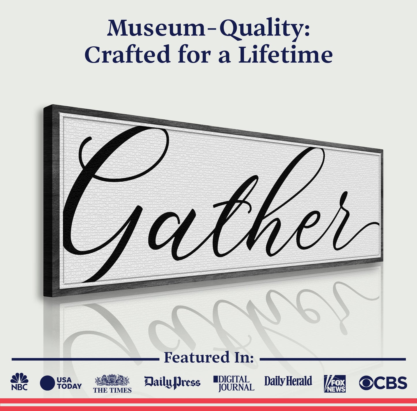 Gather Sign X canvas by Tailored Canvases with bold black script on white textured surface on Tampa Home & Garden Store