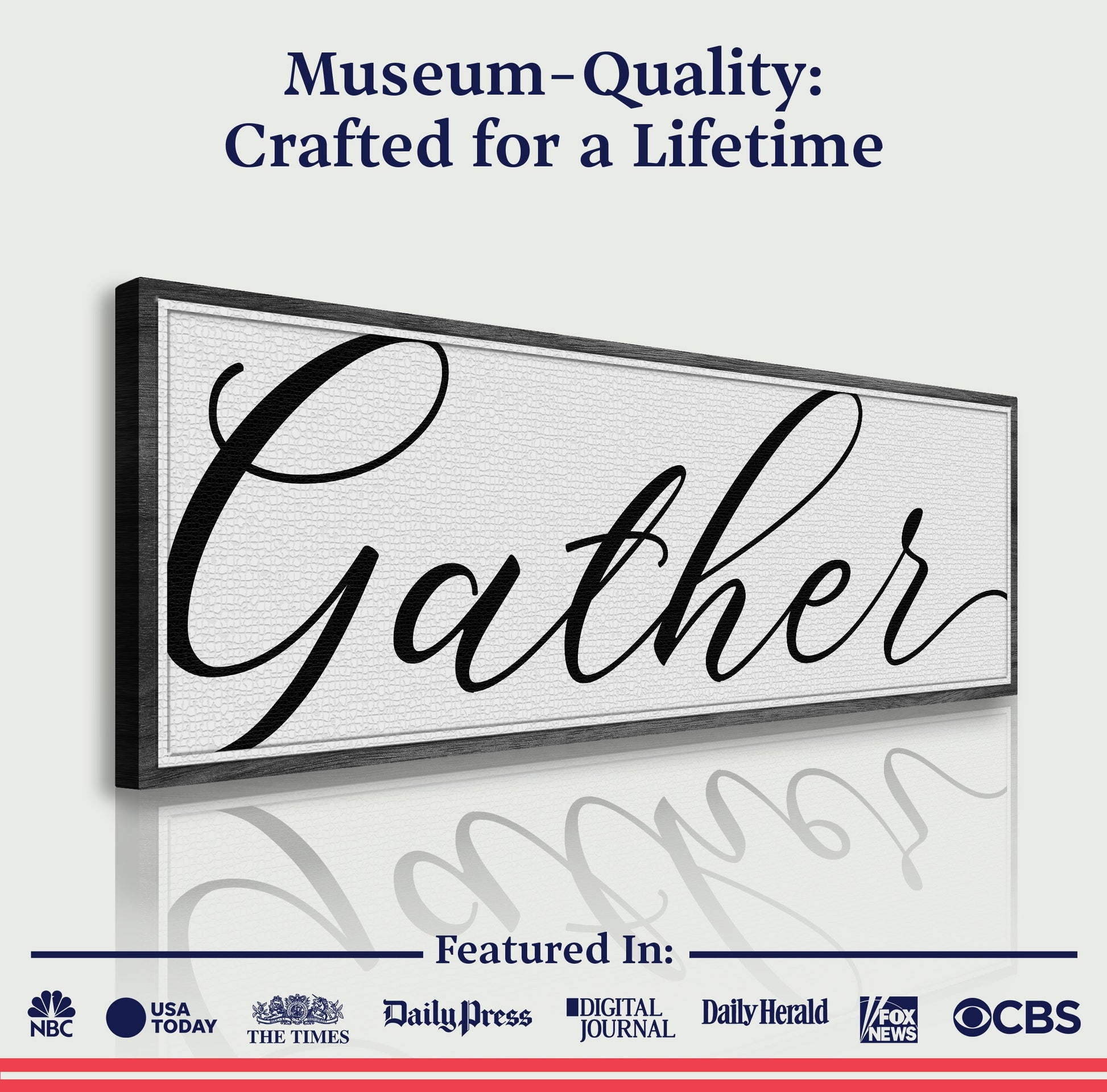 Gather Sign X canvas by Tailored Canvases with bold black script on white textured surface on Tampa Home & Garden Store