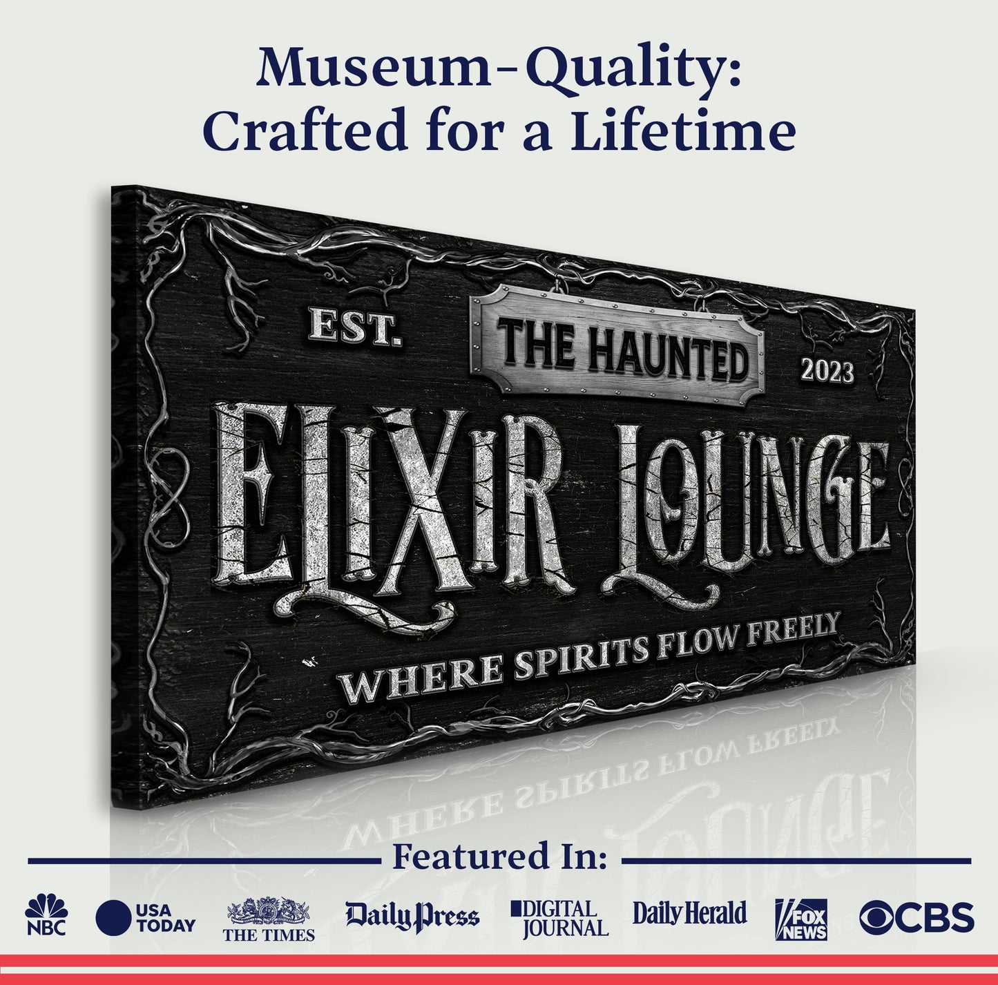 The Haunted Elixir Lounge Halloween Sign canvas with weathered black wood and ornate plaque on Tampa Home & Garden Store