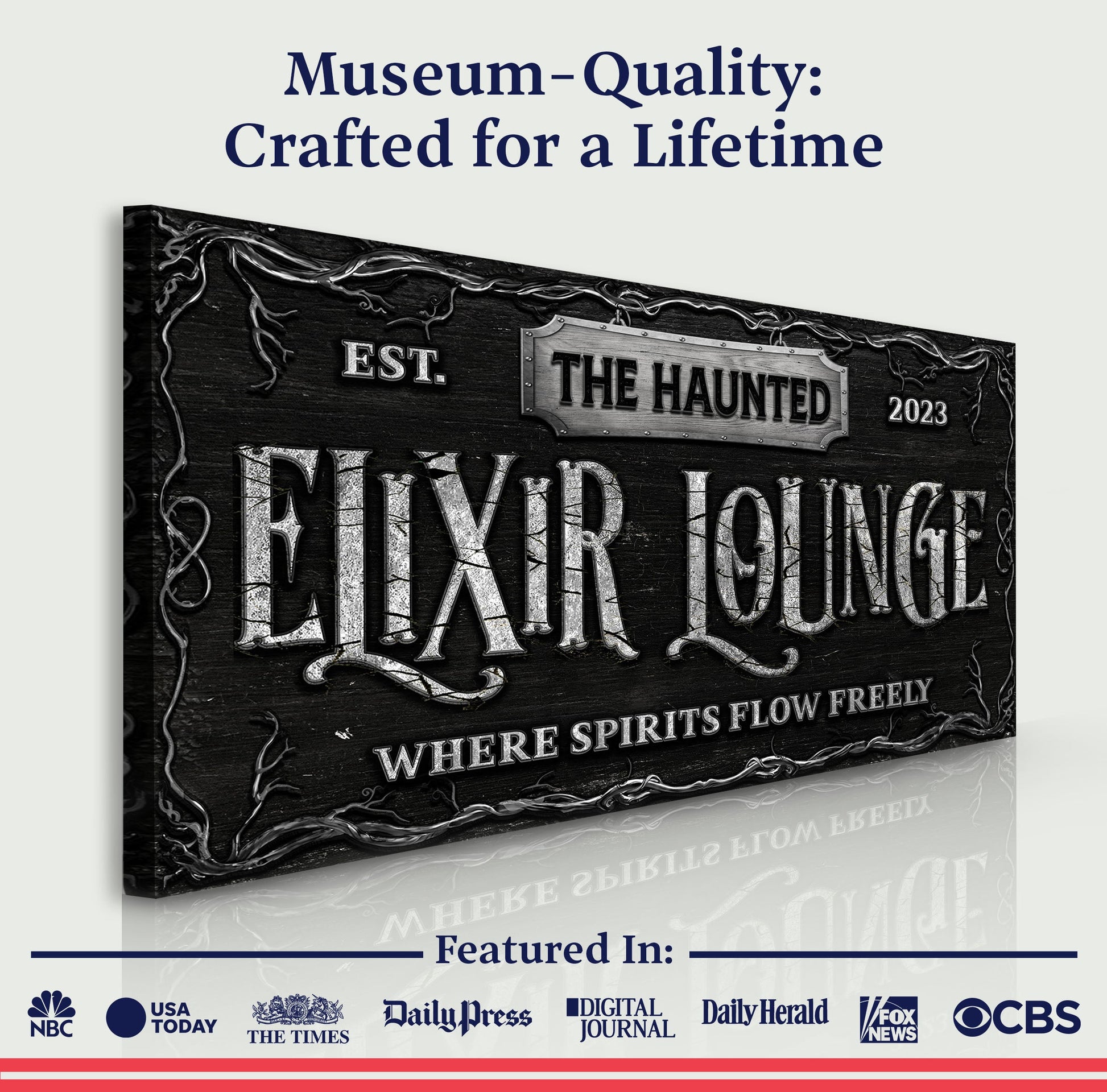 The Haunted Elixir Lounge Halloween Sign canvas with weathered black wood and ornate plaque on Tampa Home & Garden Store