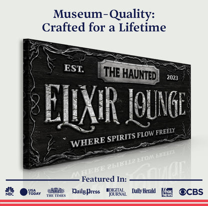 The Haunted Elixir Lounge Halloween Sign canvas with weathered black wood and ornate plaque on Tampa Home & Garden Store