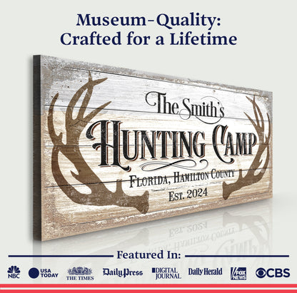 Hunting Camp Family Sign canvas by Tailored Canvases with rustic wood plank background on Tampa Home & Garden Store