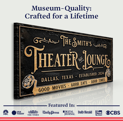 Personalized Theater Sign II canvas with black texture and gold lettering by Tailored Canvases on Tampa Home & Garden Store