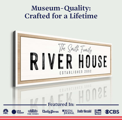 River House Sign canvas by Tailored Canvases; wood framed sign with large distressed letters on Tampa Home & Garden Store