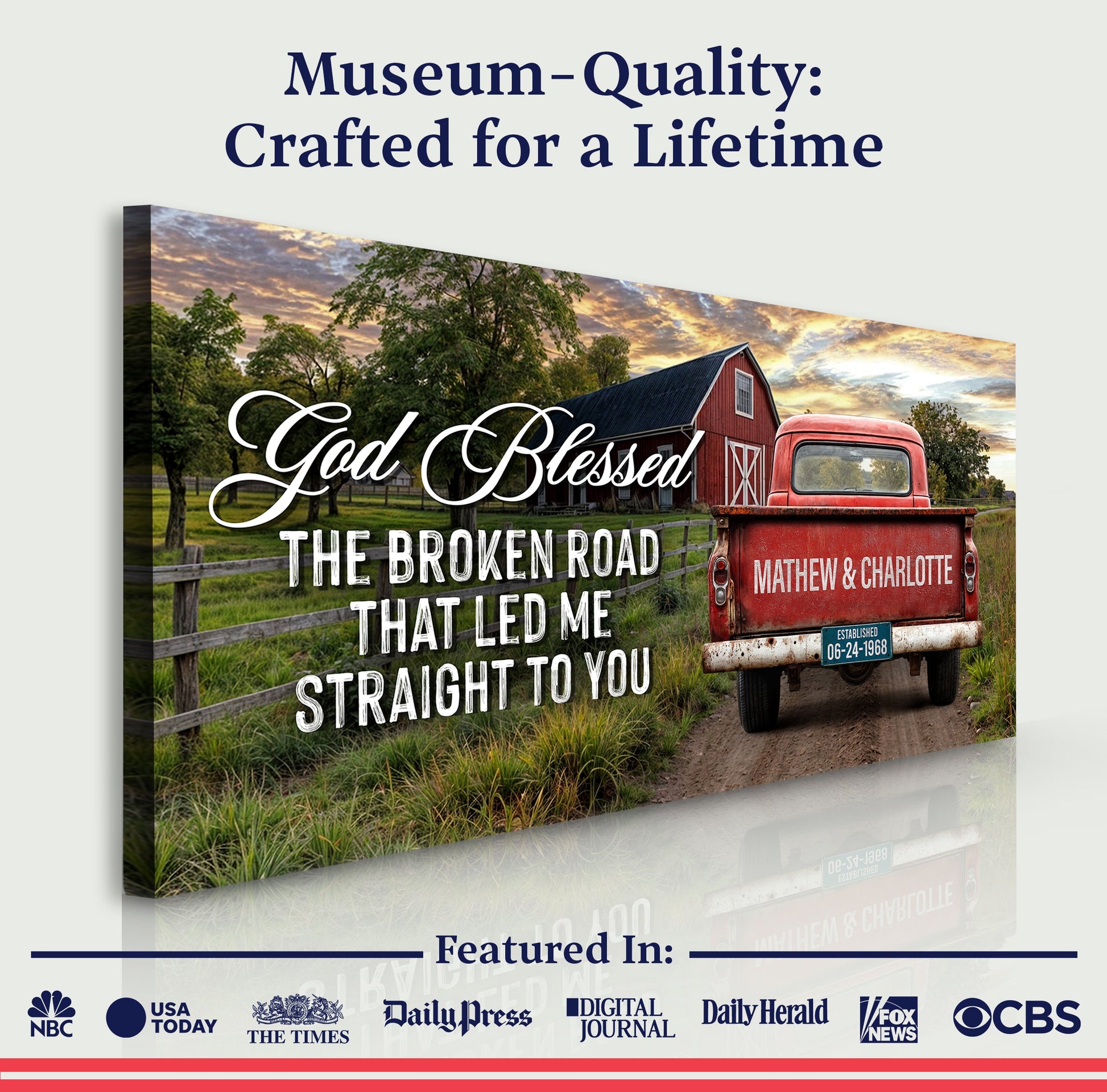 Custom Vintage Truck Sign V canvas by Tailored Canvases with red truck and barn at sunset on Tampa Home & Garden Store