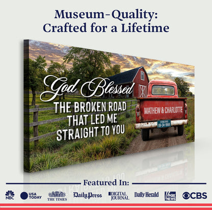 Custom Vintage Truck Sign V canvas by Tailored Canvases with red truck and barn at sunset on Tampa Home & Garden Store