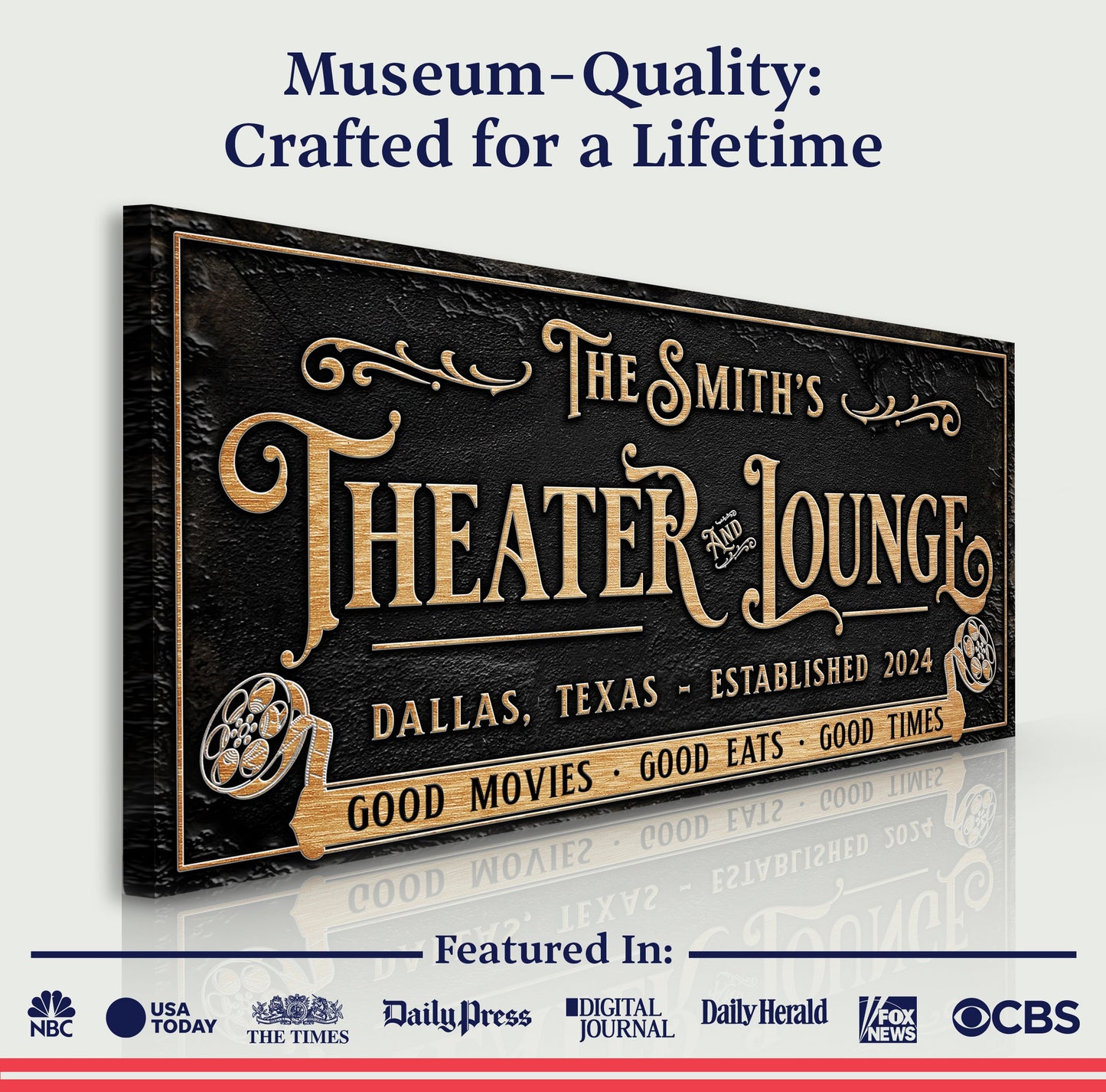 Personalized Theater Sign II canvas by Tailored Canvases; black textured background with gold ornate lettering on Tampa Home & Garden Store