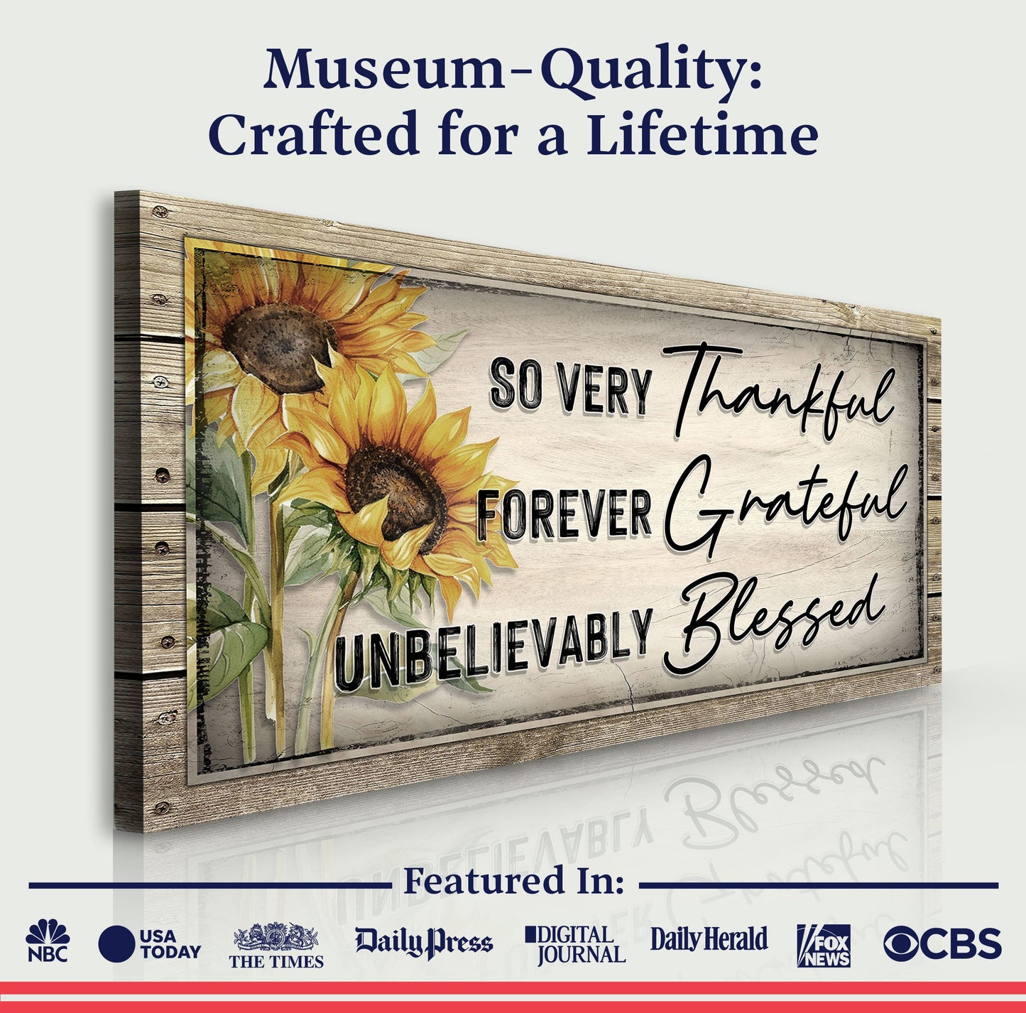 Grateful Thankful Blessed Family Sign II canvas by Tailored Canvases; sunflowers in rustic frame on Tampa Home & Garden Store