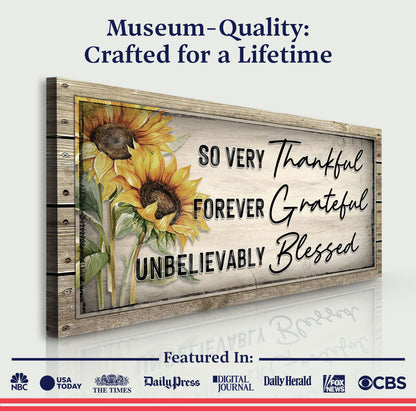 Grateful Thankful Blessed Family Sign II canvas by Tailored Canvases; sunflowers in rustic frame on Tampa Home & Garden Store