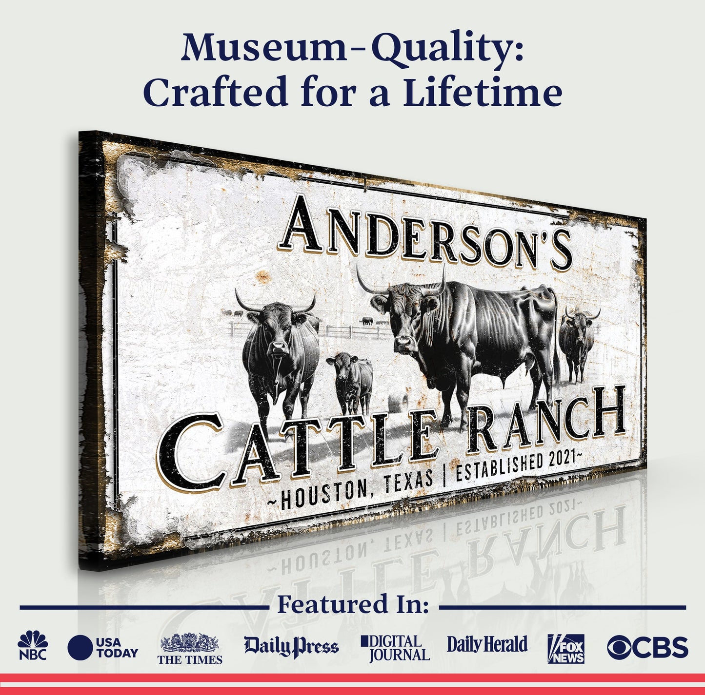 Personalized Cattle Sign Canvas by Tailored Canvases with rustic cattle herd art on Tampa Home & Garden Store