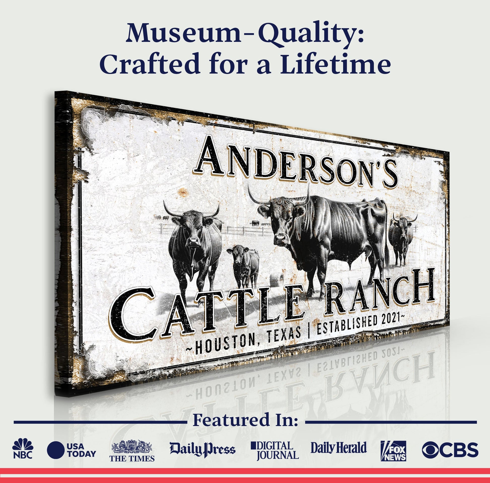 Personalized Cattle Sign Canvas by Tailored Canvases with rustic cattle herd art on Tampa Home & Garden Store