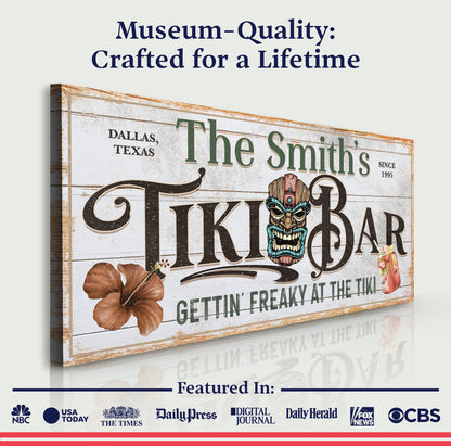 Personalized tiki bar sign canvas by Tailored Canvases with wood and tropical artwork on Tampa Home & Garden Store