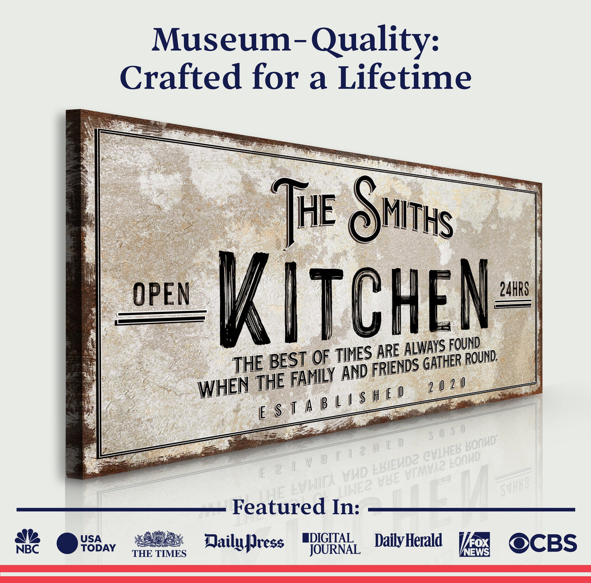 Family Kitchen Sign canvas by Tailored Canvases with beige backdrop and The Smiths 24hrs on Tampa Home & Garden Store