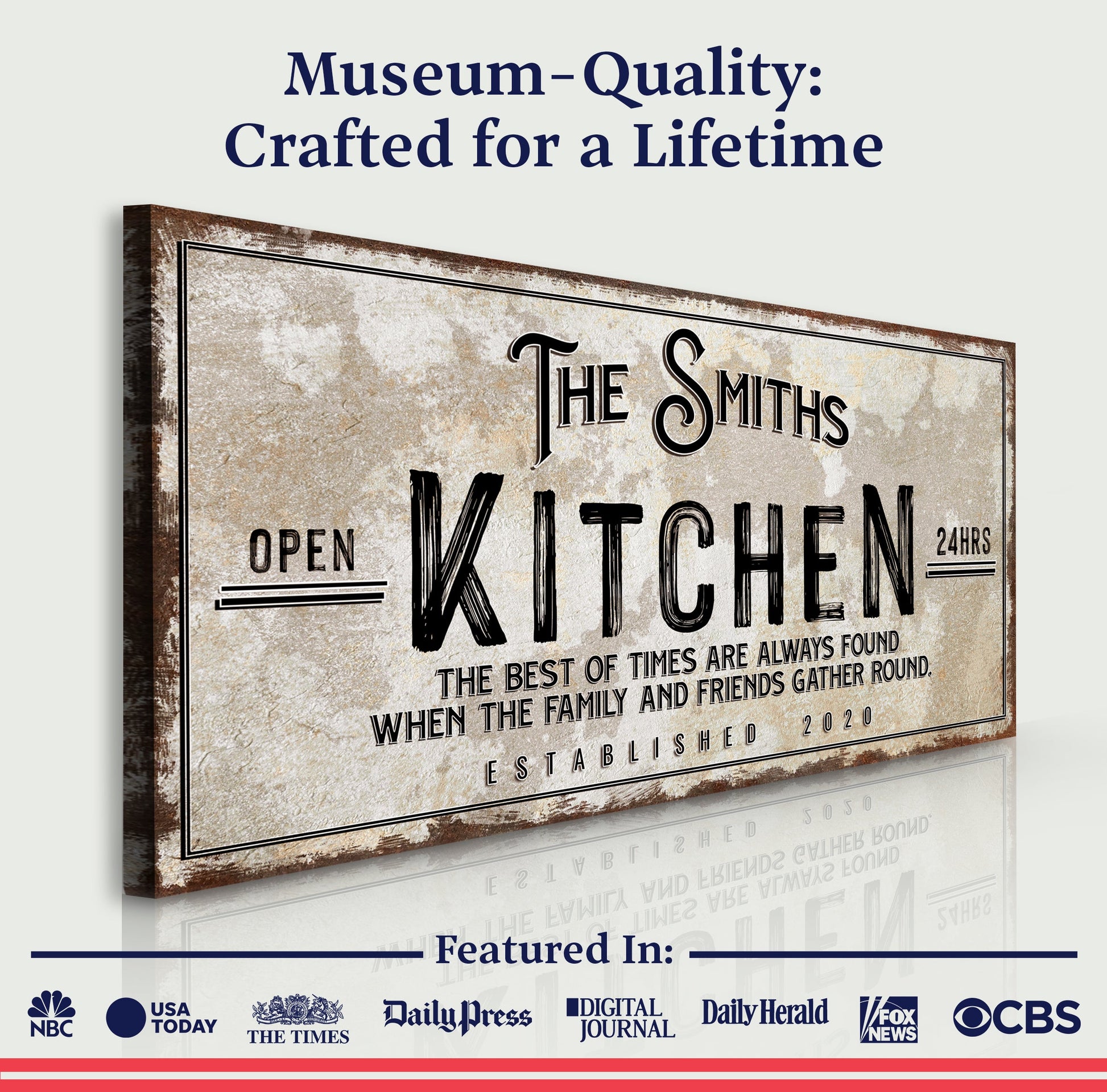 Family Kitchen Sign canvas by Tailored Canvases with beige backdrop and The Smiths 24hrs on Tampa Home & Garden Store