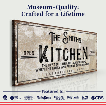 Family Kitchen Sign canvas by Tailored Canvases with beige backdrop and The Smiths 24hrs on Tampa Home & Garden Store