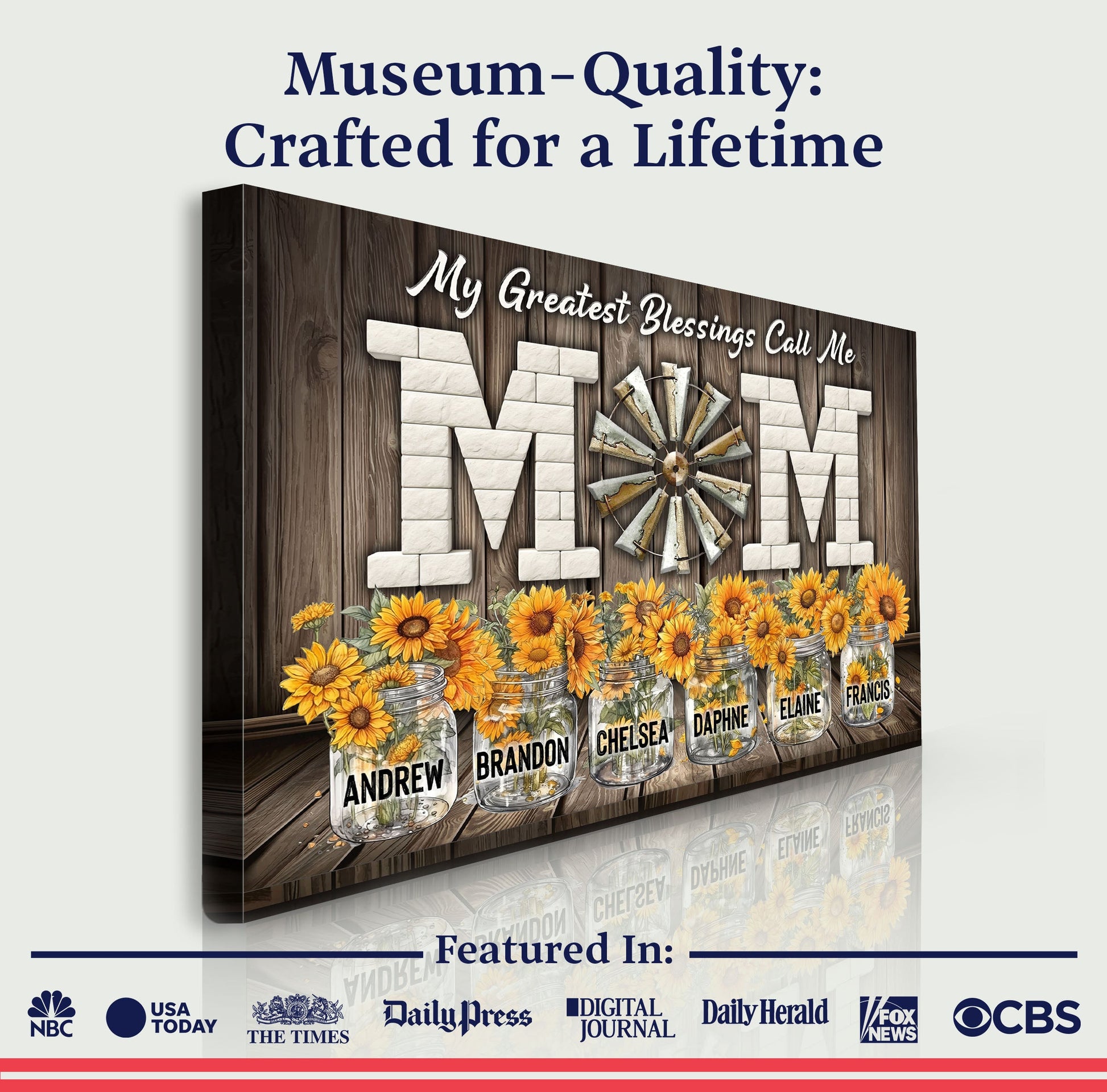 Mother's Day My Greatest Blessings Call Me Mom canvas with a wood panel & sunflowers on Tampa Home & Garden Store