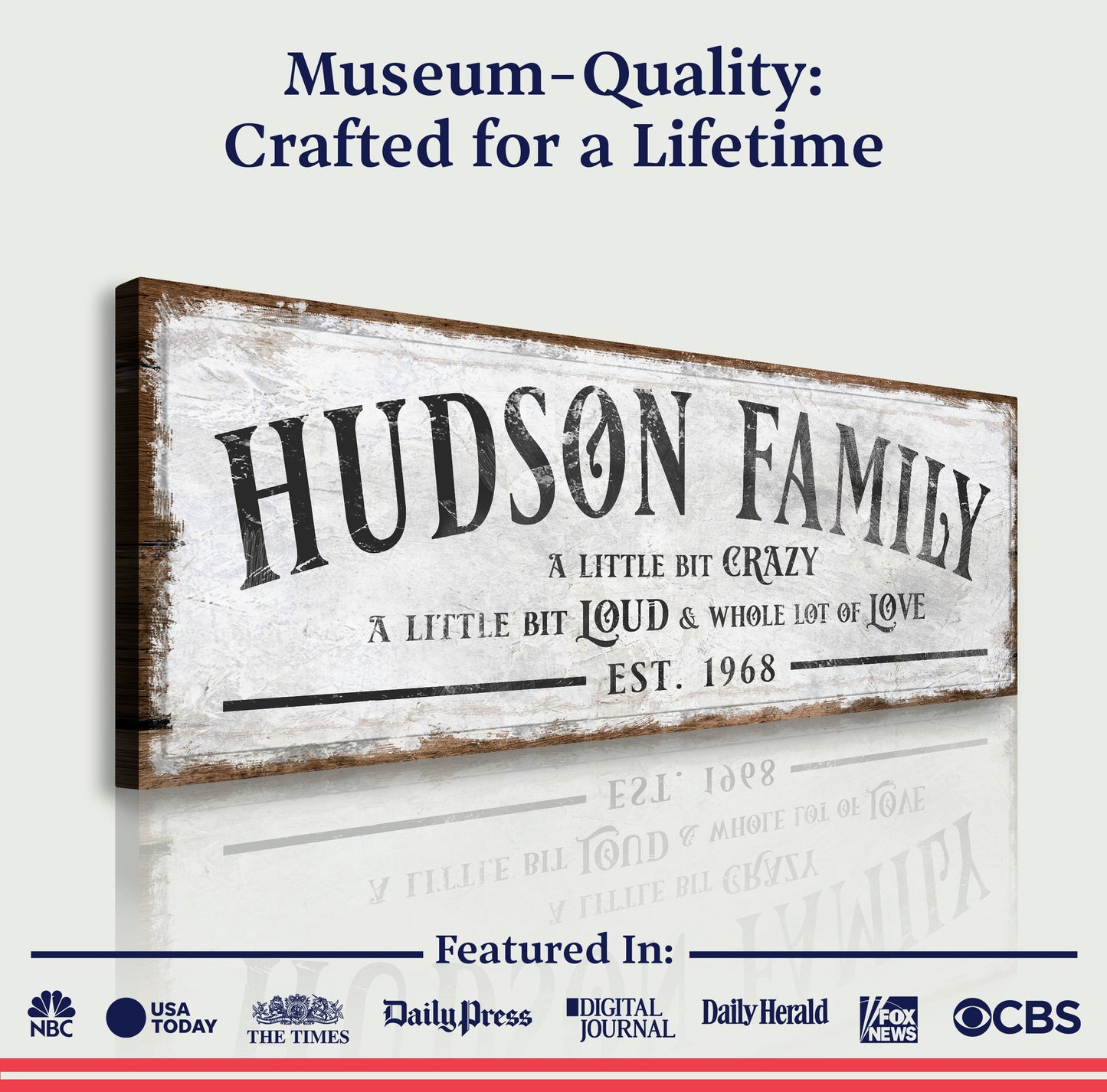 Family Sign XXII canvas with distressed HUDSON FAMILY typography on a rustic wood frame on Tampa Home & Garden Store