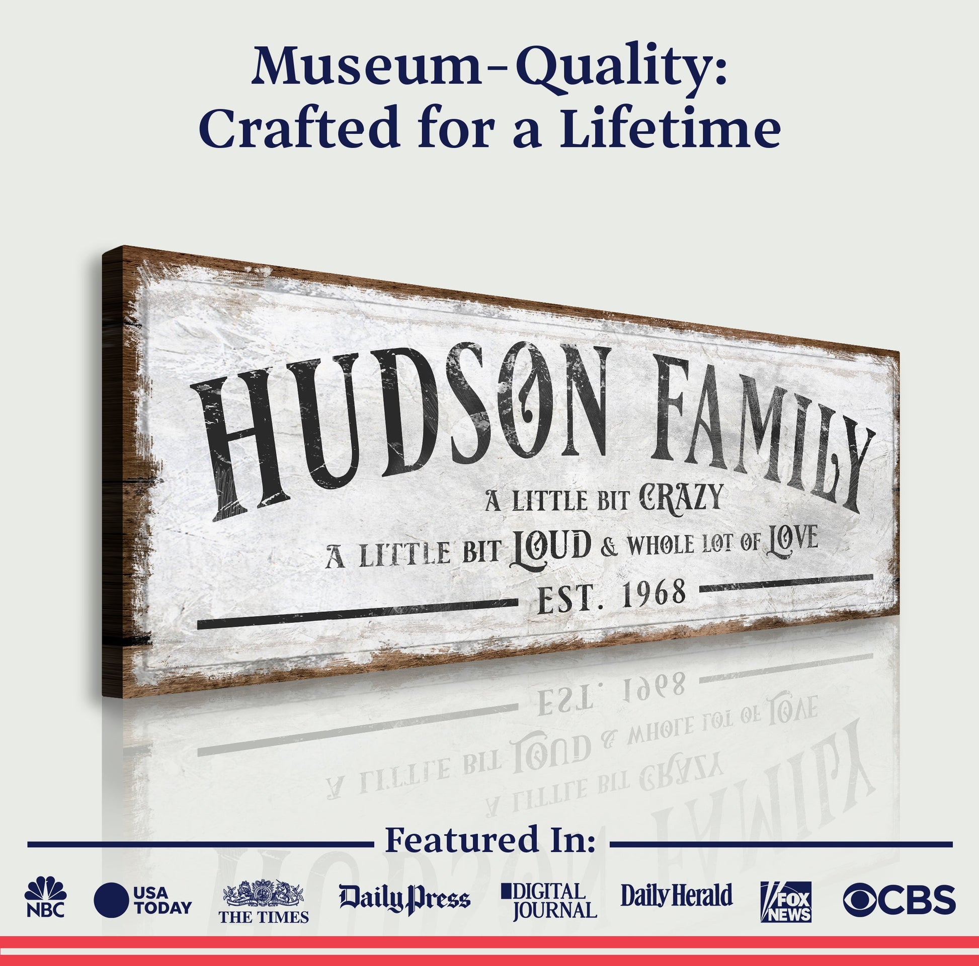 Family Sign XXII canvas with distressed HUDSON FAMILY typography on a rustic wood frame on Tampa Home & Garden Store