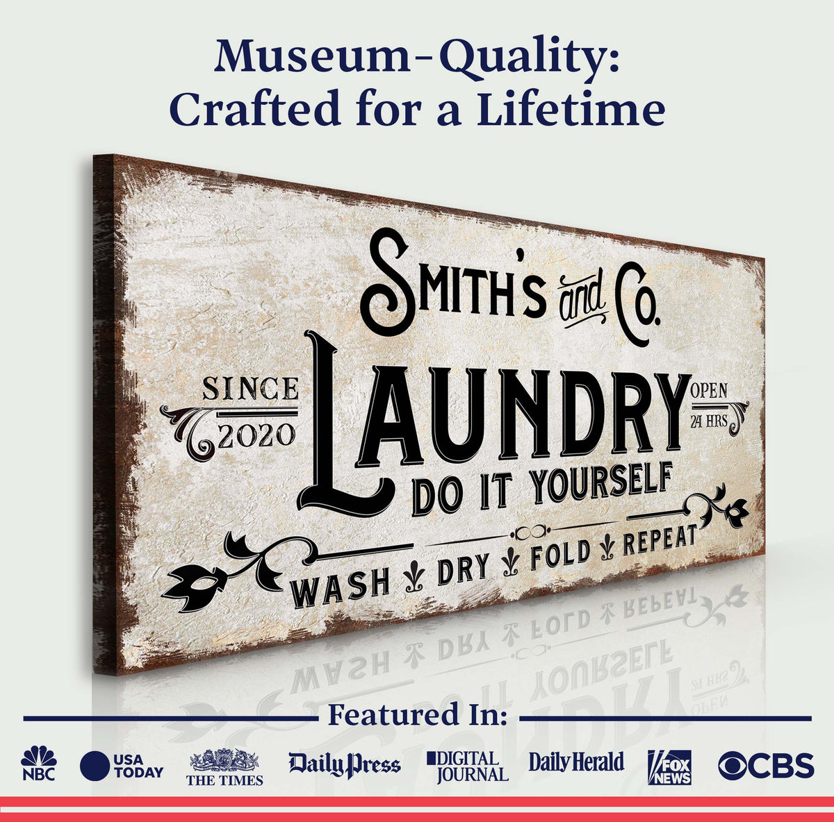 Laundry Room Sign ll canvas with vintage parchment background and bold black typography on Tampa Home & Garden Store