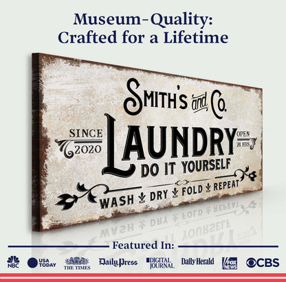 Laundry Room Sign ll canvas with vintage parchment background and bold black typography on Tampa Home & Garden Store