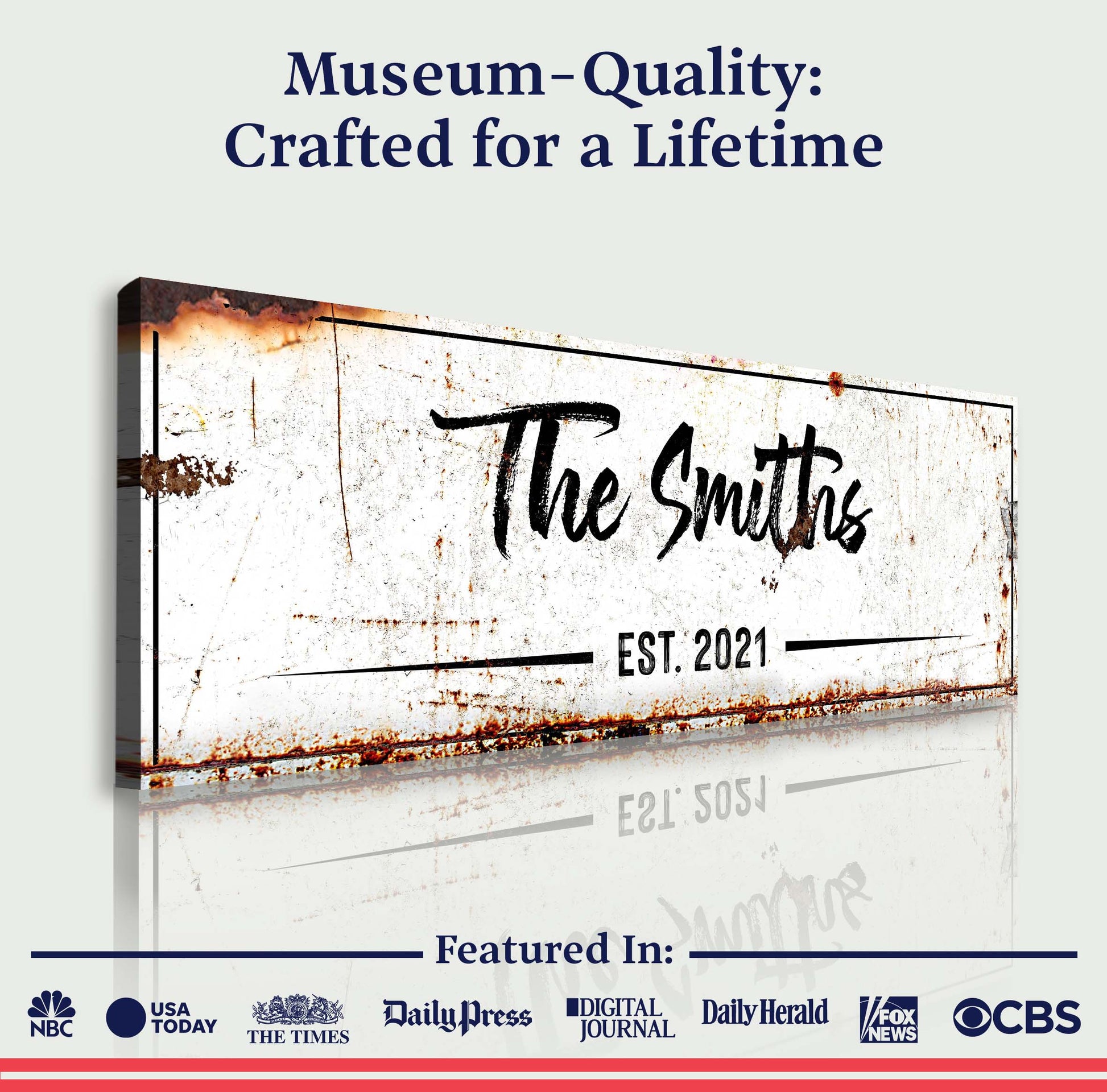 Family Rustic Sign canvas print with distressed white background and bold black script on Tampa Home & Garden Store