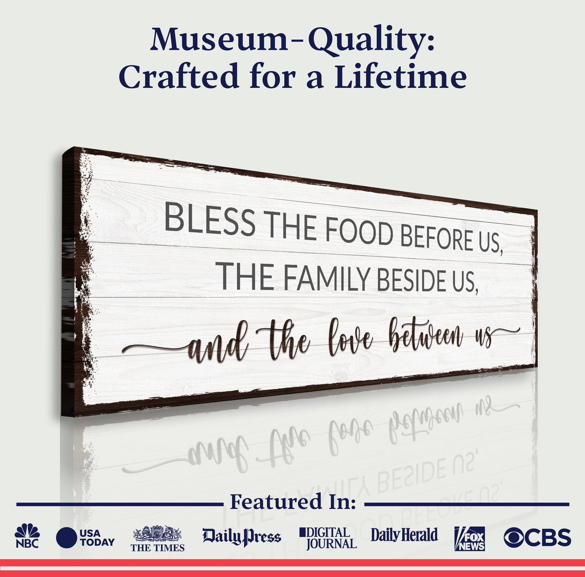 Canvas sign with whitewashed wood reading Bless The Food Before Us And The Love Between Us on Tampa Home & Garden Store