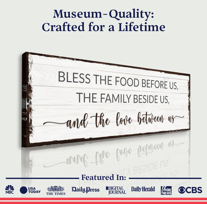 Canvas sign with whitewashed wood reading Bless The Food Before Us And The Love Between Us on Tampa Home & Garden Store