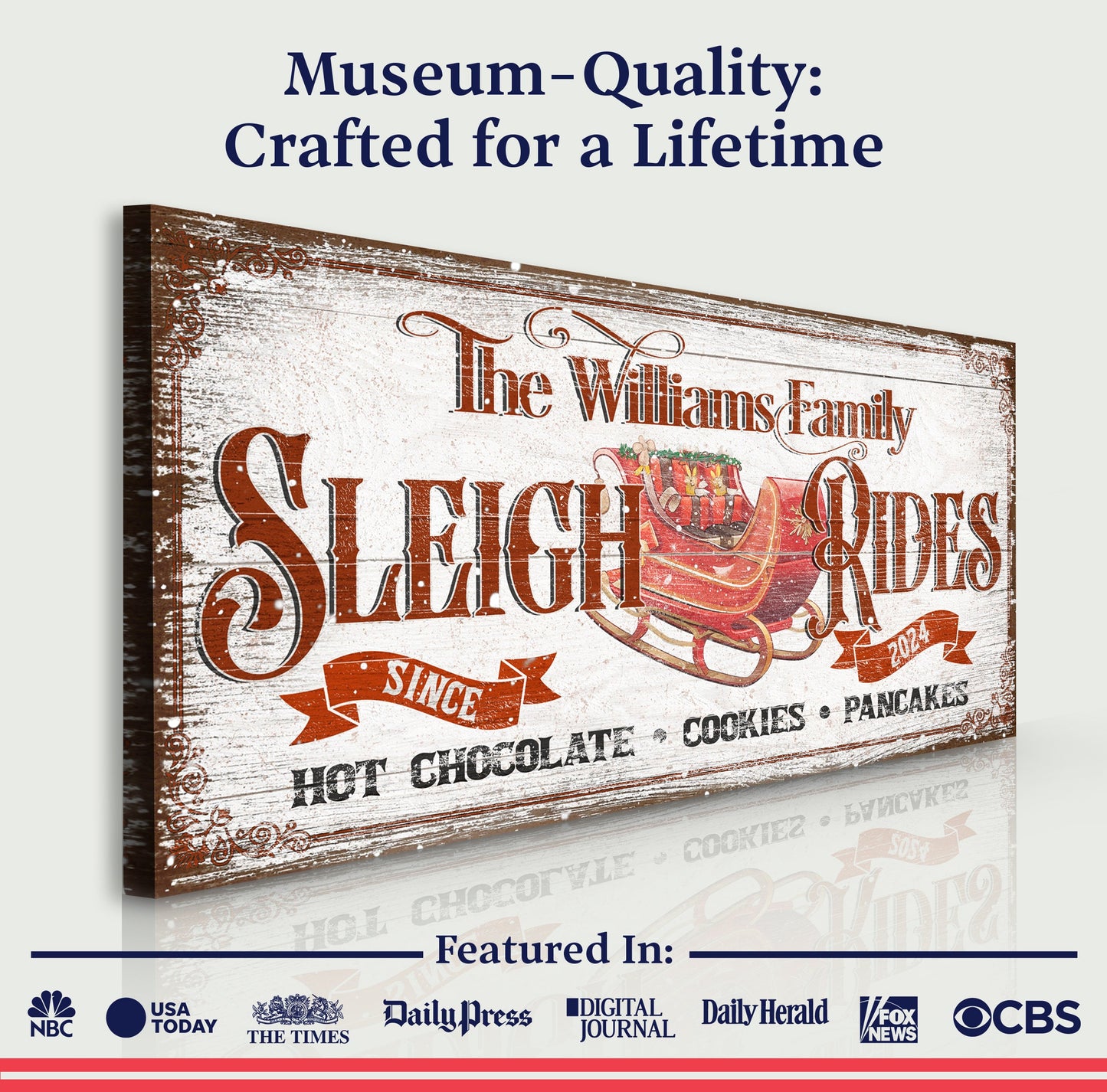 Sleigh Rides Christmas Sign canvas by Tailored Canvases in rustic wood with red lettering on Tampa Home & Garden Store