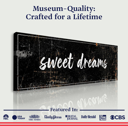 Sweet Dreams Sign IV canvas by Tailored Canvases; distressed black canvas with white script text on Tampa Home & Garden Store