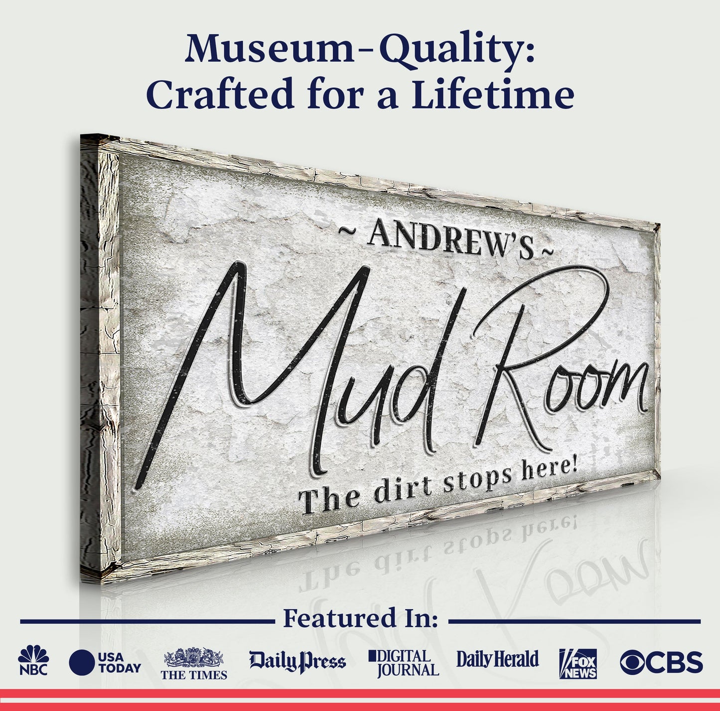Personalized Mud Room Sign II canvas with aged frame and bold cursive Mud Room text on Tampa Home & Garden Store