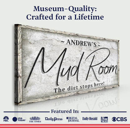 Personalized Mud Room Sign II canvas with aged frame and bold cursive Mud Room text on Tampa Home & Garden Store
